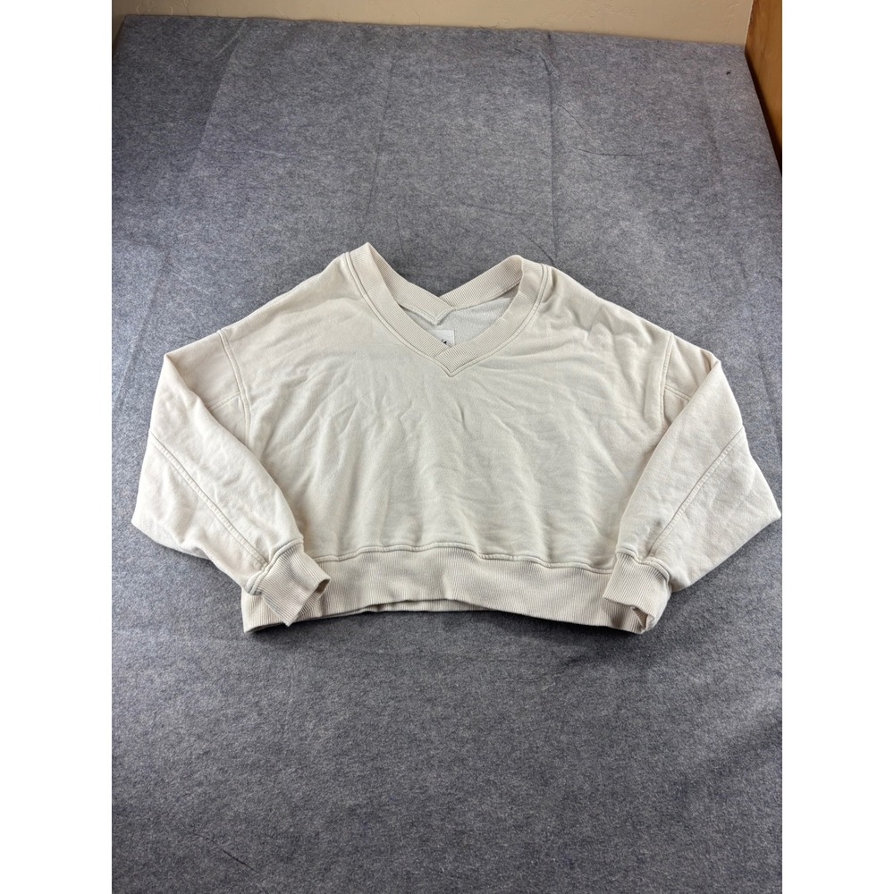 Aerie Women Cream V-Neck Cropped Sweatshirt Size M Oversized Fleece Pullover